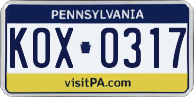 PA license plate KOX0317