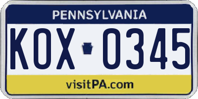 PA license plate KOX0345
