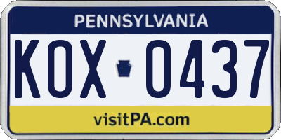 PA license plate KOX0437