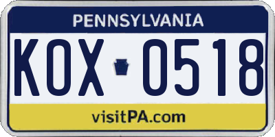 PA license plate KOX0518