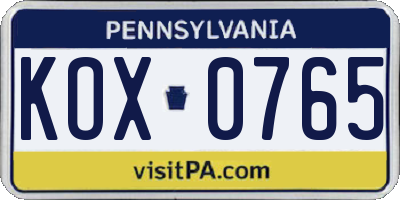 PA license plate KOX0765