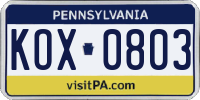 PA license plate KOX0803