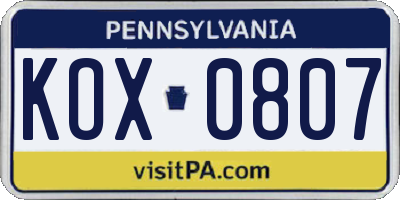 PA license plate KOX0807