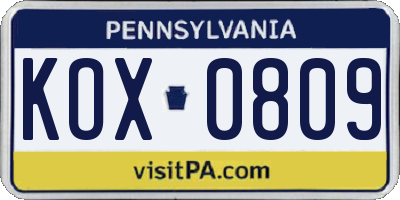 PA license plate KOX0809