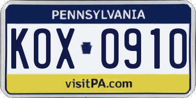 PA license plate KOX0910
