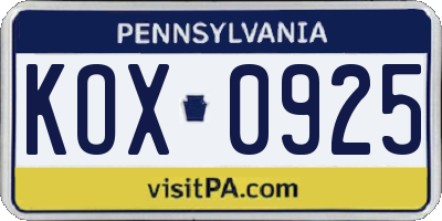 PA license plate KOX0925