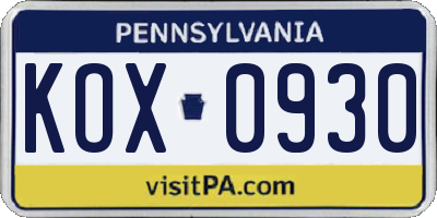 PA license plate KOX0930