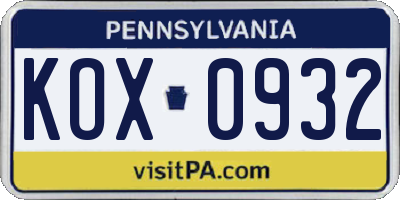 PA license plate KOX0932