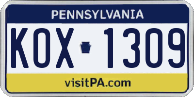 PA license plate KOX1309