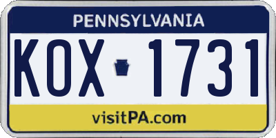 PA license plate KOX1731