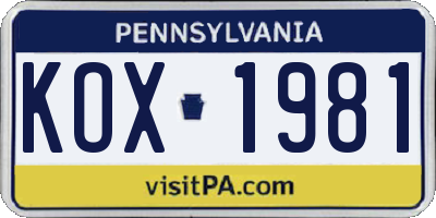PA license plate KOX1981