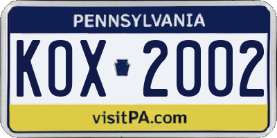 PA license plate KOX2002