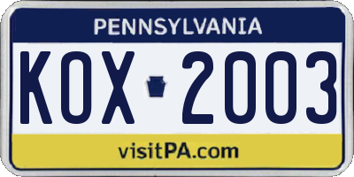 PA license plate KOX2003