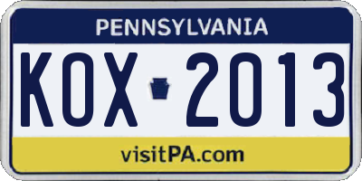 PA license plate KOX2013