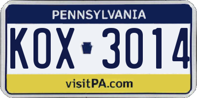PA license plate KOX3014