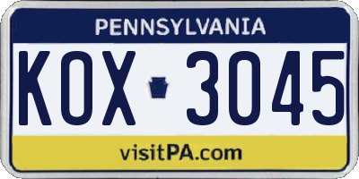 PA license plate KOX3045