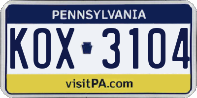 PA license plate KOX3104