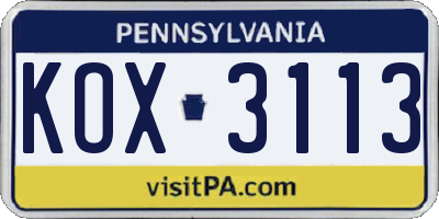 PA license plate KOX3113