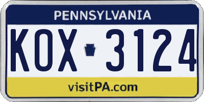 PA license plate KOX3124