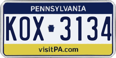 PA license plate KOX3134