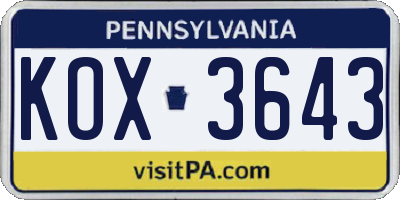 PA license plate KOX3643