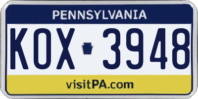 PA license plate KOX3948