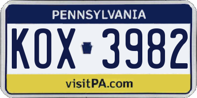 PA license plate KOX3982