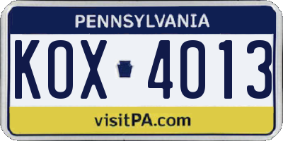 PA license plate KOX4013