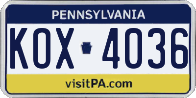 PA license plate KOX4036