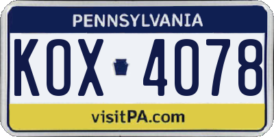 PA license plate KOX4078