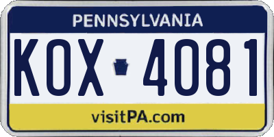 PA license plate KOX4081