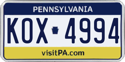 PA license plate KOX4994