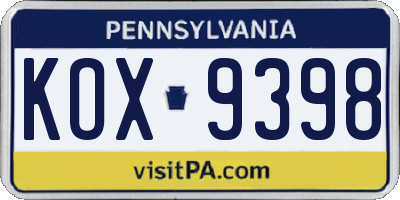 PA license plate KOX9398