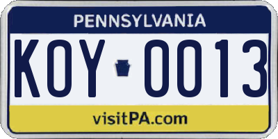 PA license plate KOY0013