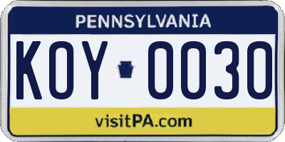 PA license plate KOY0030