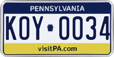 PA license plate KOY0034