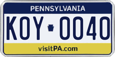 PA license plate KOY0040