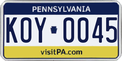 PA license plate KOY0045