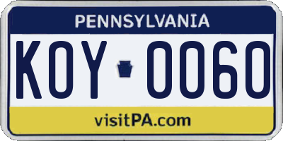 PA license plate KOY0060
