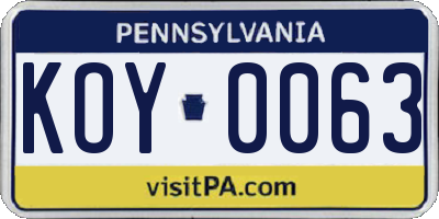 PA license plate KOY0063