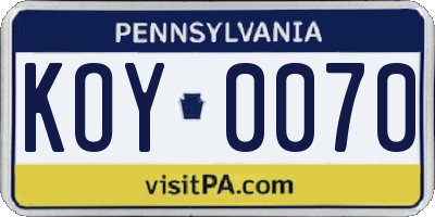 PA license plate KOY0070