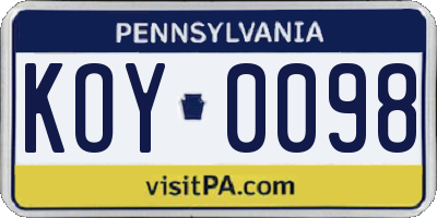 PA license plate KOY0098