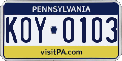 PA license plate KOY0103
