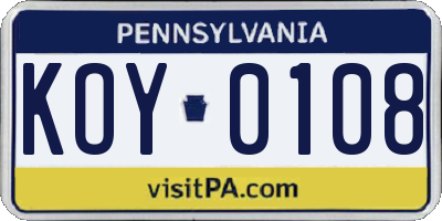 PA license plate KOY0108