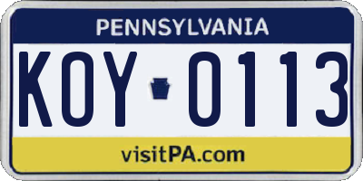 PA license plate KOY0113