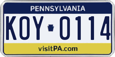 PA license plate KOY0114