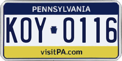 PA license plate KOY0116