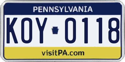 PA license plate KOY0118