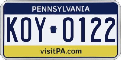 PA license plate KOY0122