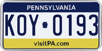 PA license plate KOY0193